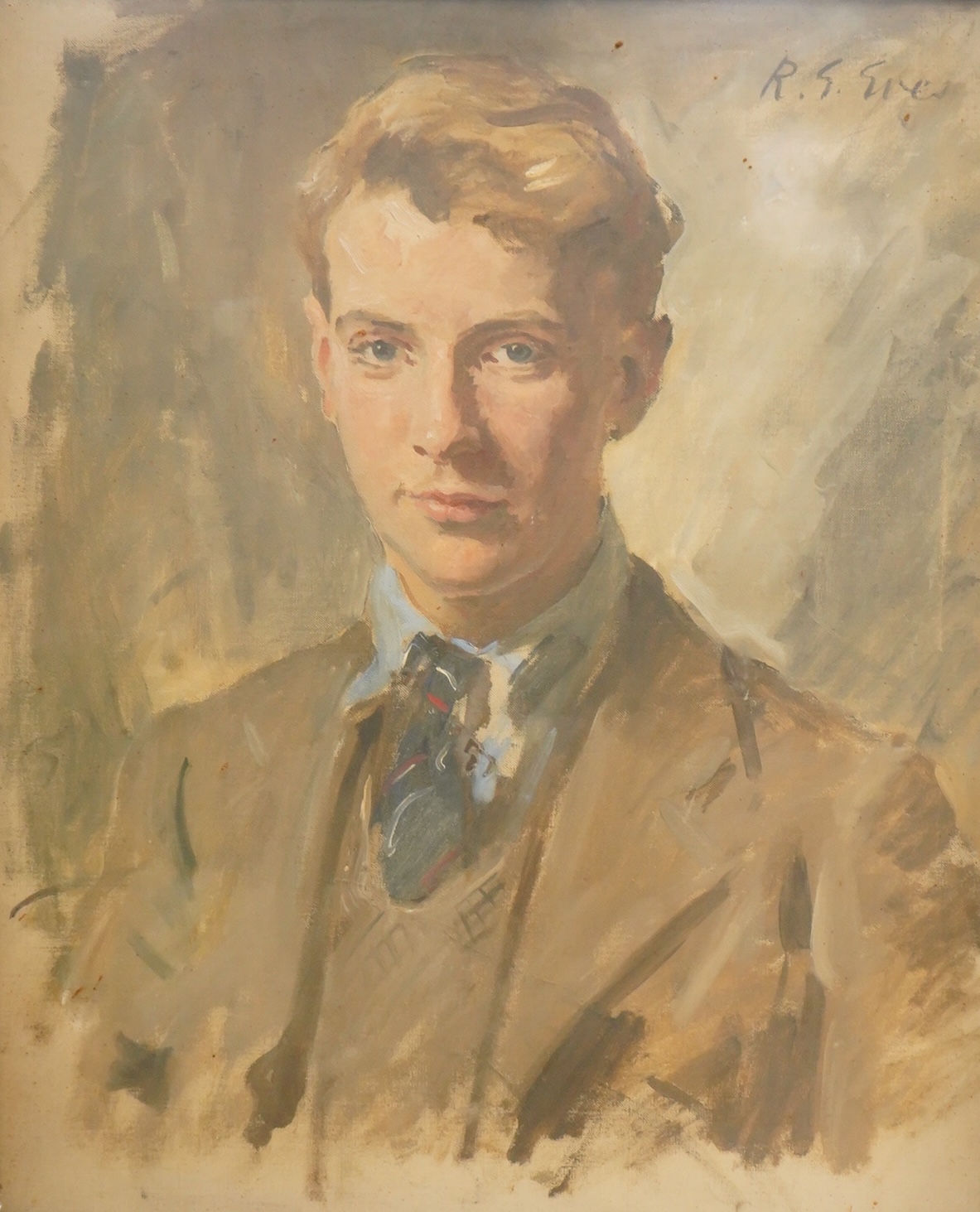 R. G Eves (1876-1941) Half length portrait of a young gentleman, signed upper right James Bourlet & Sons label verso, oil on canvas, 59 x 48cm